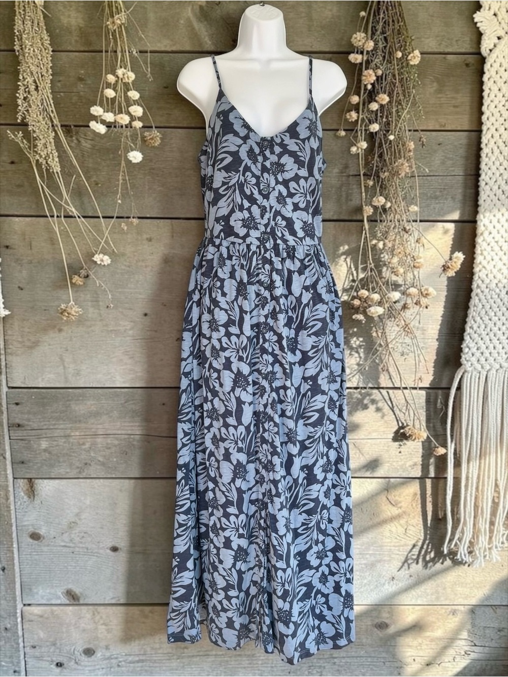 Market & Spruce Blue Floral Maxi Dress Pockets Size M Cotton Modal - Picture 7 of 9